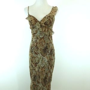 Bebe floral paisley gold brown burgundy red RUFFLES SILK slip DRESS M